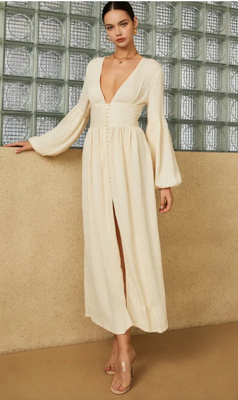 Commense Boho Lantern Beige Split Maxi Dress Plunge Button-Front X-Small XS NEW